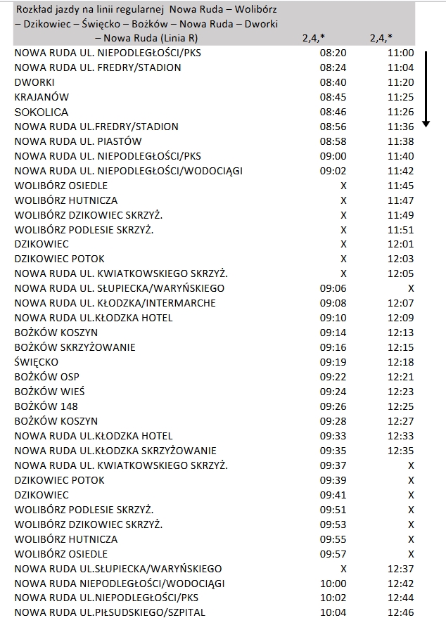 Rozkład 4 Wolib&oacute;rz, Dzikowiec, Bożk&oacute;w, Dworki, Krajan&oacute;w, Sokolica
